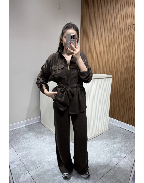 Kendinden Simli Ceket Pantolon Takım Kahve