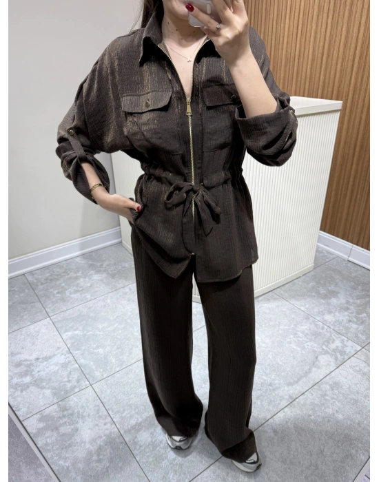 Kendinden Simli Ceket Pantolon Takım Kahve