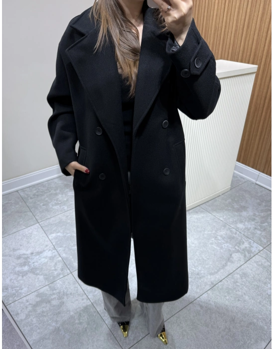 Kruvaze Kaşe Kaban Siyah