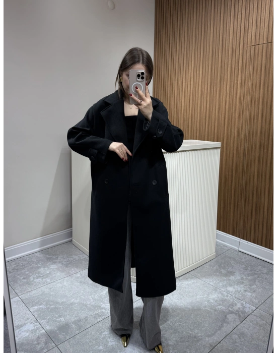 Kruvaze Kaşe Kaban Siyah