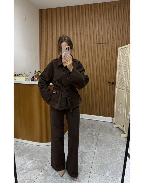 Beli Kuşaklı Ceket Pantolon Kahve Takım