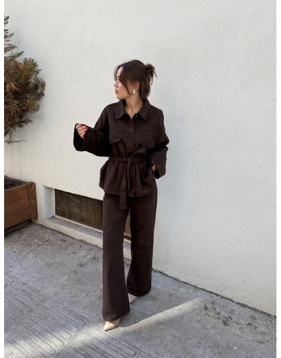 Beli Kuşaklı Ceket Pantolon Kahve Takım