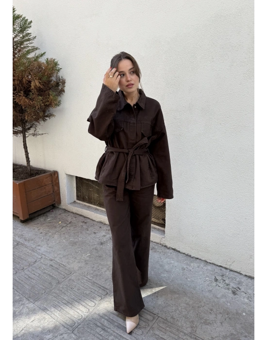 Beli Kuşaklı Ceket Pantolon Kahve Takım