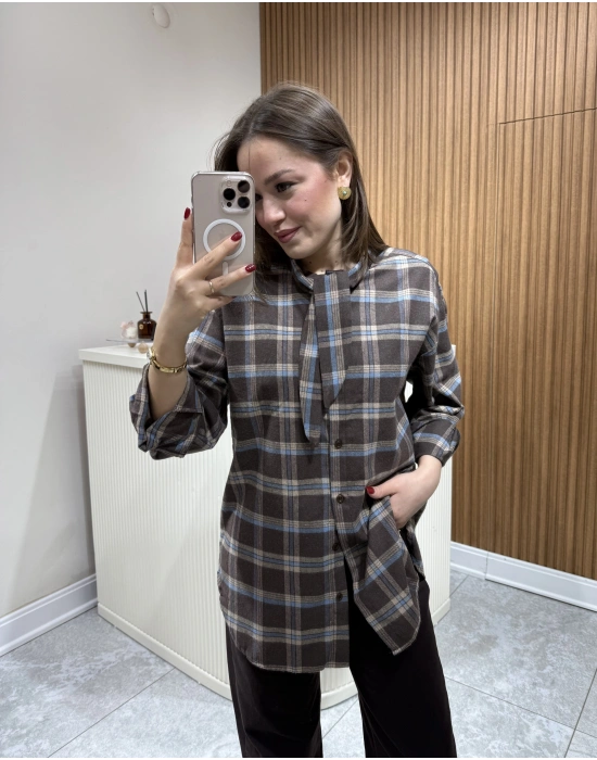 Boyundan Bağlamalı Ekose Gömlek Kahve Çizgili