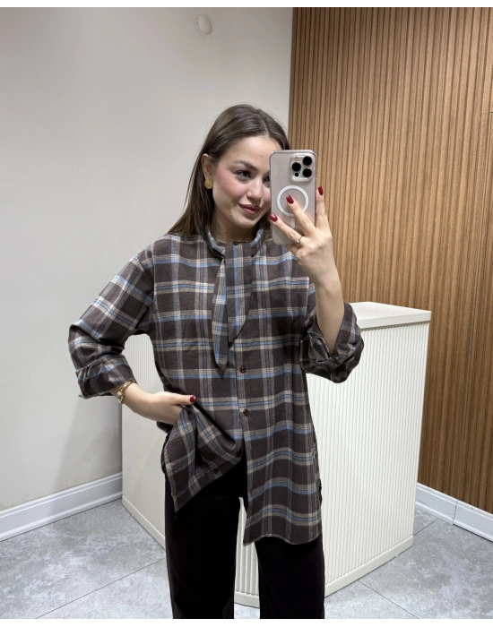 Boyundan Bağlamalı Ekose Gömlek Kahve Çizgili