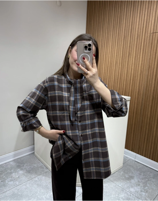 Boyundan Bağlamalı Ekose Gömlek Kahve Çizgili