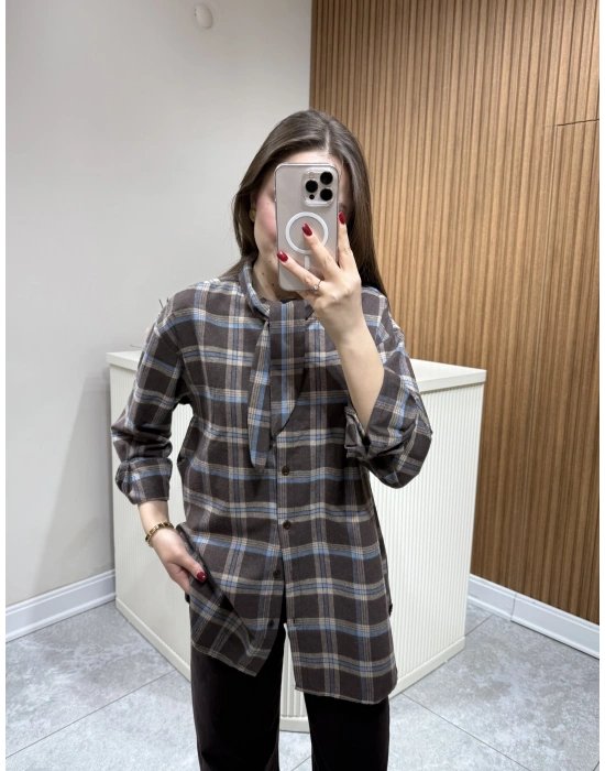 Boyundan Bağlamalı Ekose Gömlek Kahve Çizgili