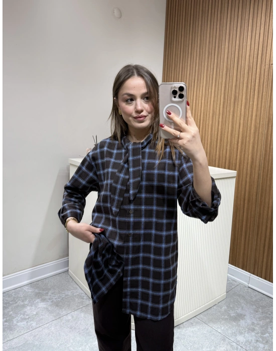 Boyundan Bağlamalı Ekose Gömlek Mavi Çizgili