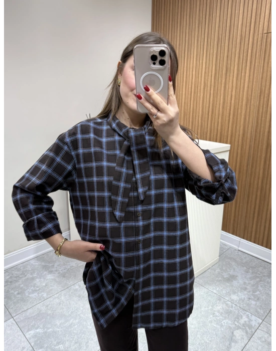 Boyundan Bağlamalı Ekose Gömlek Mavi Çizgili