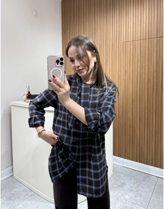 Boyundan Bağlamalı Ekose Gömlek Mavi Çizgili