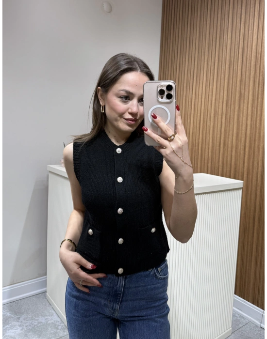 Gold Düğmeli Yelek Siyah