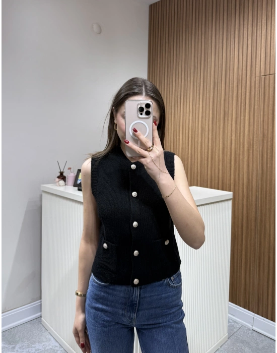 Gold Düğmeli Yelek Siyah