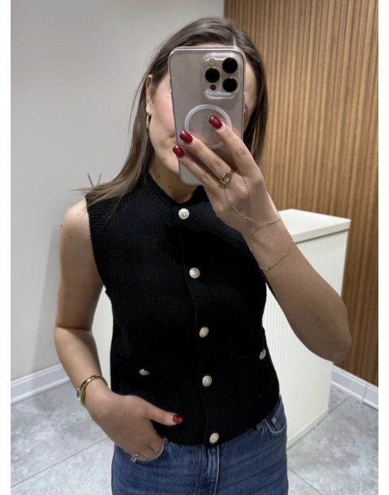 Gold Düğmeli Yelek Siyah