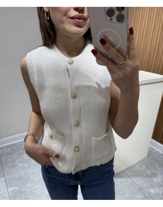 Gold Düğmeli Yelek Beyaz