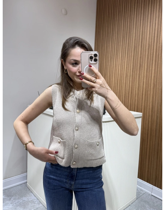 Gold Düğmeli Yelek Vizon