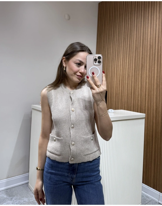 Gold Düğmeli Yelek Vizon