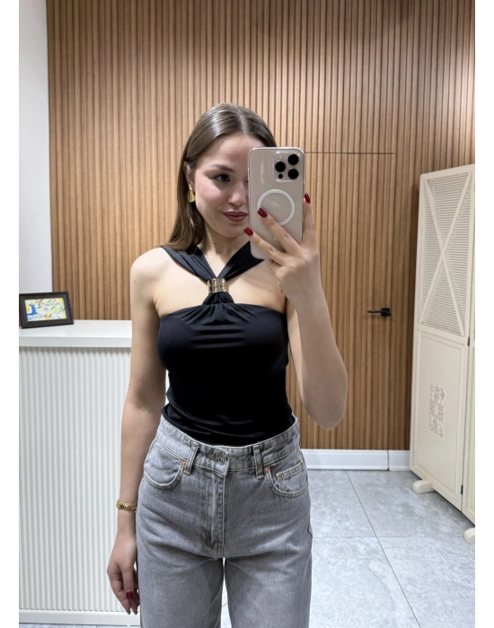 Gold Toka Detaylı Bluz Siyah