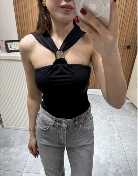 Gold Toka Detaylı Bluz Siyah