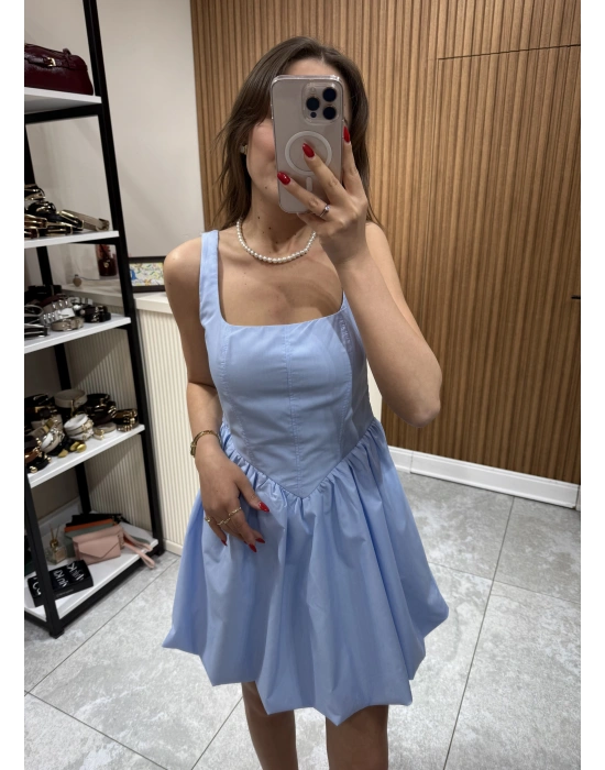Kalın Askılı Mini Elbise Mavi