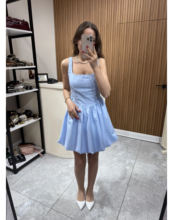 Kalın Askılı Mini Elbise Mavi