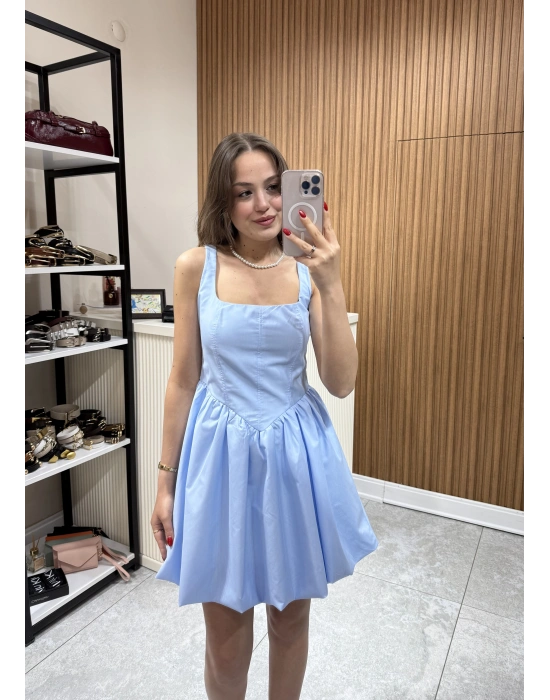 Kalın Askılı Mini Elbise Mavi