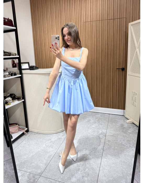 Kalın Askılı Mini Elbise Mavi