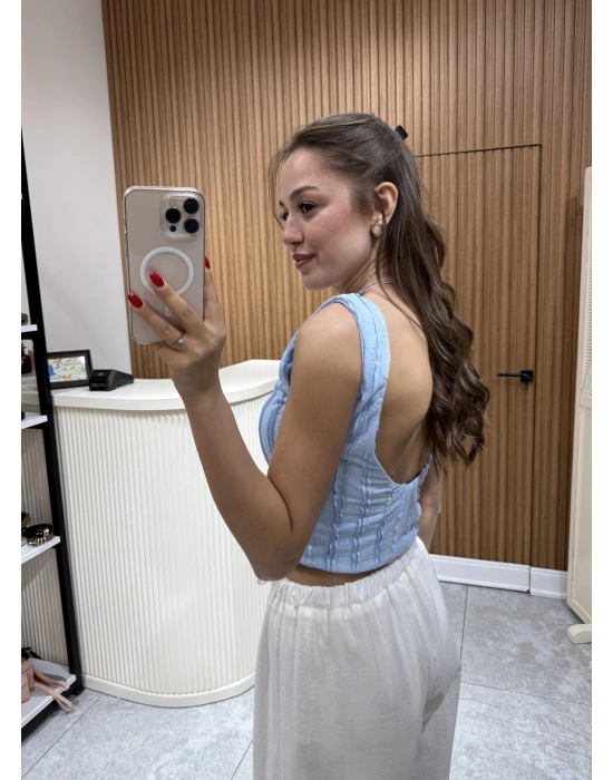 Sırt Dekolteli Bluz Mavi