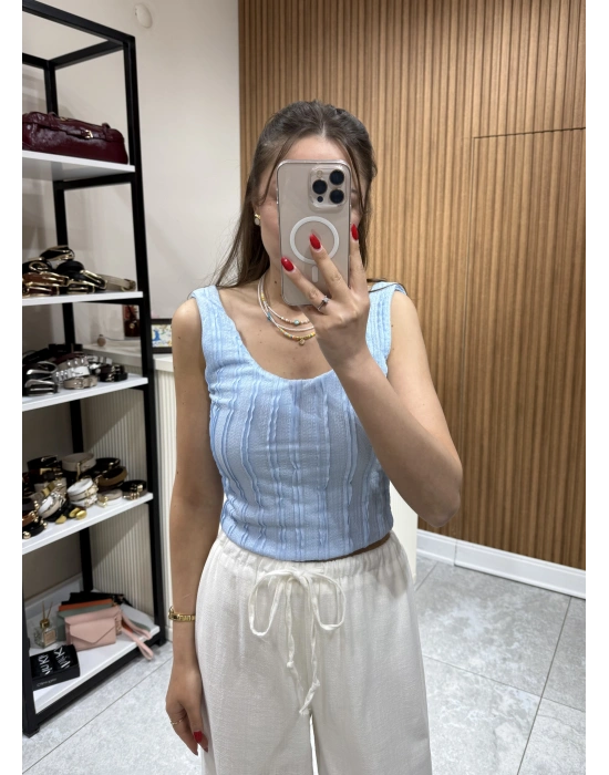 Sırt Dekolteli Bluz Mavi
