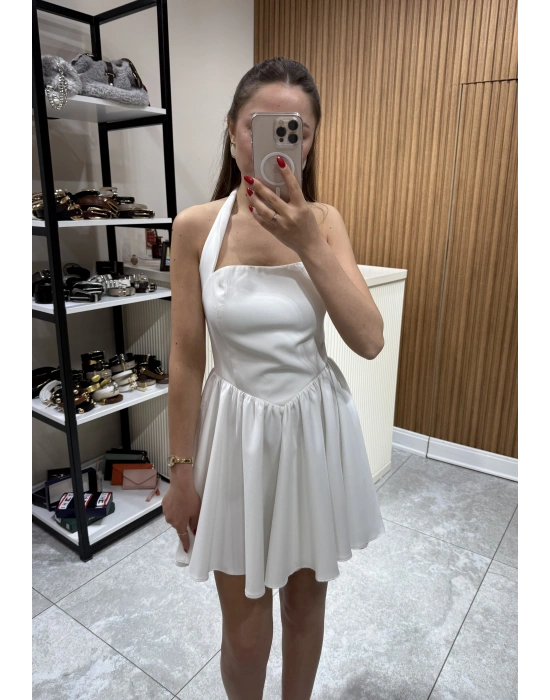 Boyundan Askılı Mini Elbise Beyaz