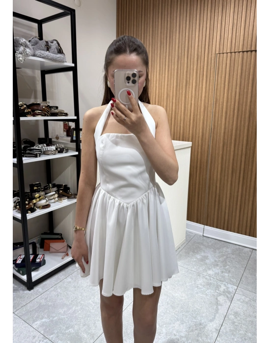 Boyundan Askılı Mini Elbise Beyaz