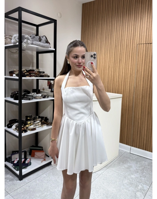 Boyundan Askılı Mini Elbise Beyaz