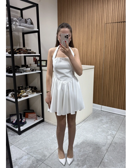 Boyundan Askılı Mini Elbise Beyaz