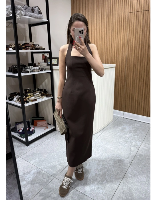 Boyundan Askılı Midi Elbise Kahve