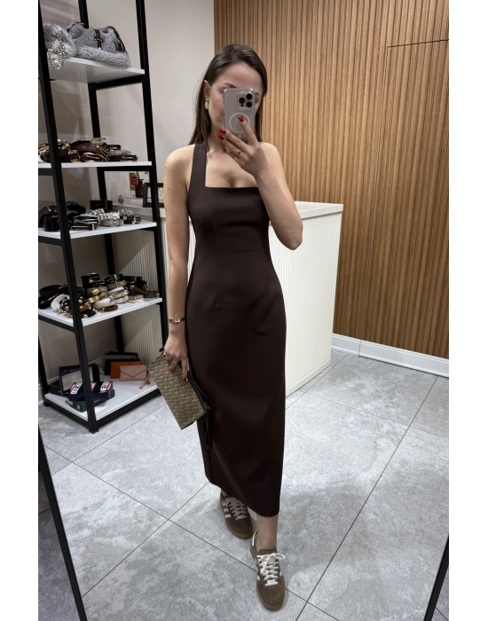Boyundan Askılı Midi Elbise Kahve