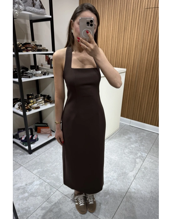 Boyundan Askılı Midi Elbise Kahve