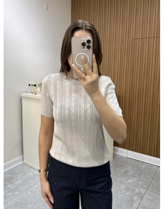 Ajurlu Yarım Kol Triko Vizon