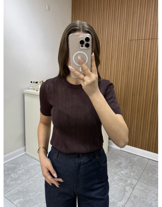 Ajurlu Yarım Kol Triko Kahve