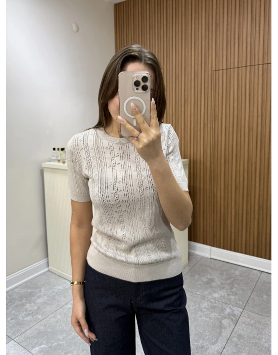 Ajurlu Yarım Kol Triko Vizon