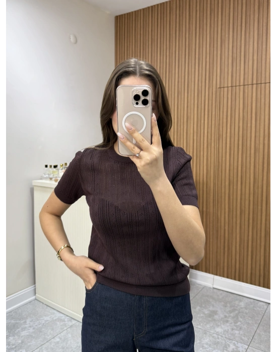 Ajurlu Yarım Kol Triko Kahve