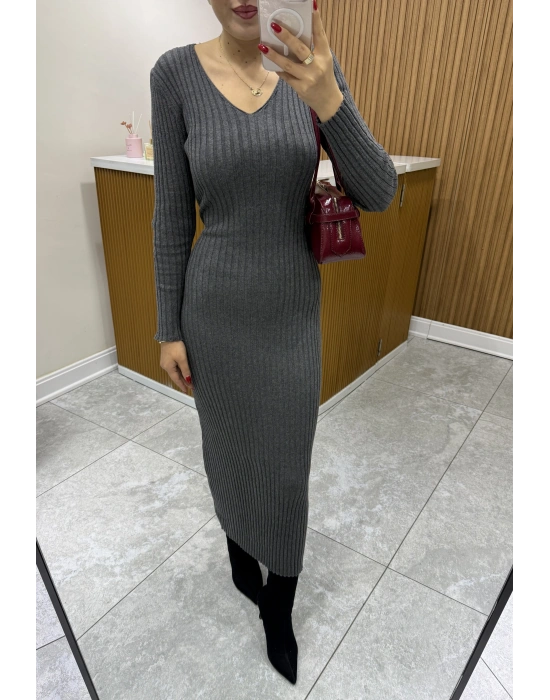 Arkadan Bağlama Detaylı Triko Elbise Gri