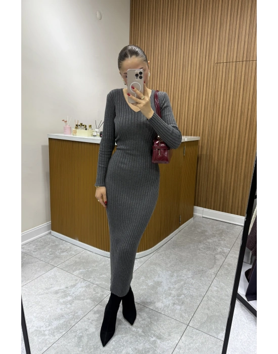 Arkadan Bağlama Detaylı Triko Elbise Gri