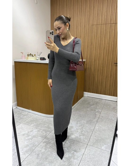 Arkadan Bağlama Detaylı Triko Elbise Gri