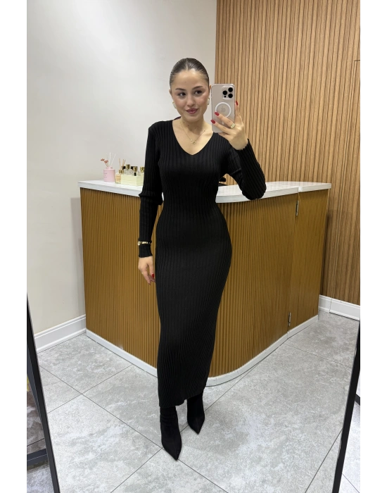 Arkadan Bağlama Detaylı Triko Elbise Siyah