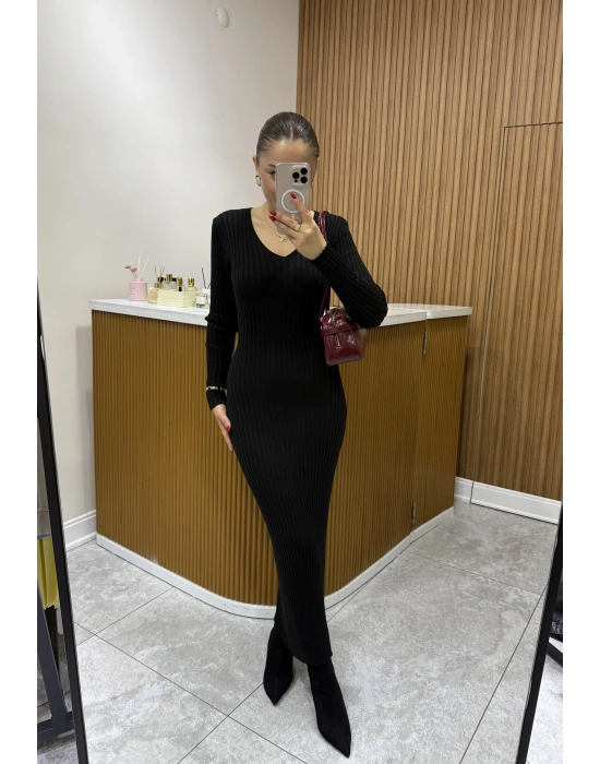 Arkadan Bağlama Detaylı Triko Elbise Siyah