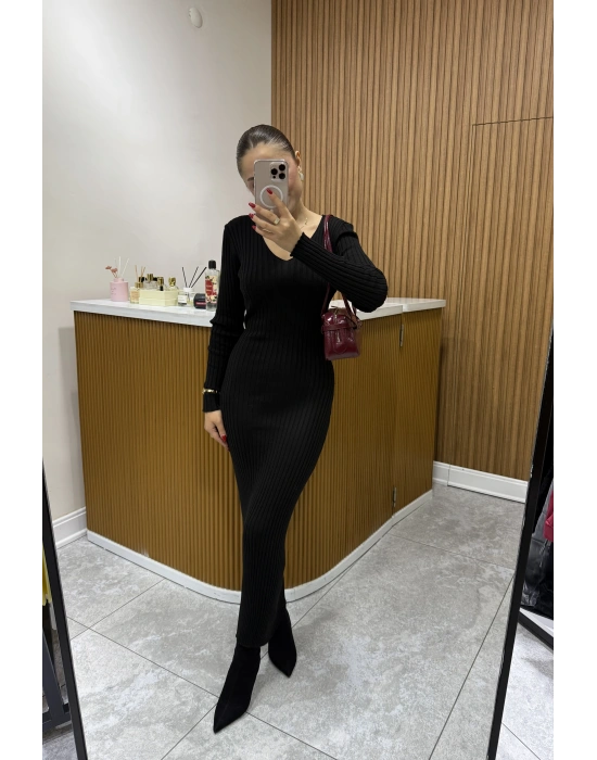 Arkadan Bağlama Detaylı Triko Elbise Siyah