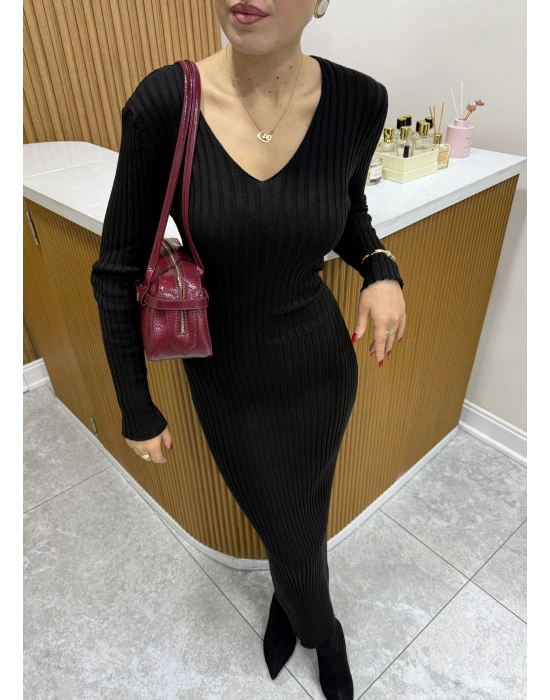 Arkadan Bağlama Detaylı Triko Elbise Siyah