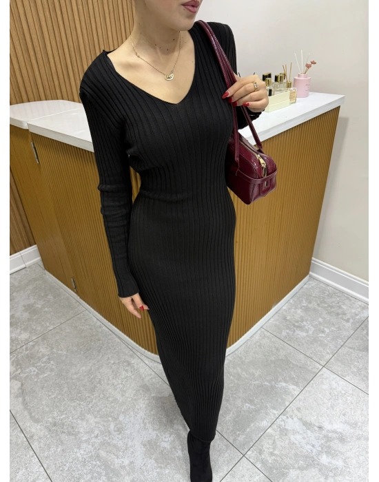 Arkadan Bağlama Detaylı Triko Elbise Siyah