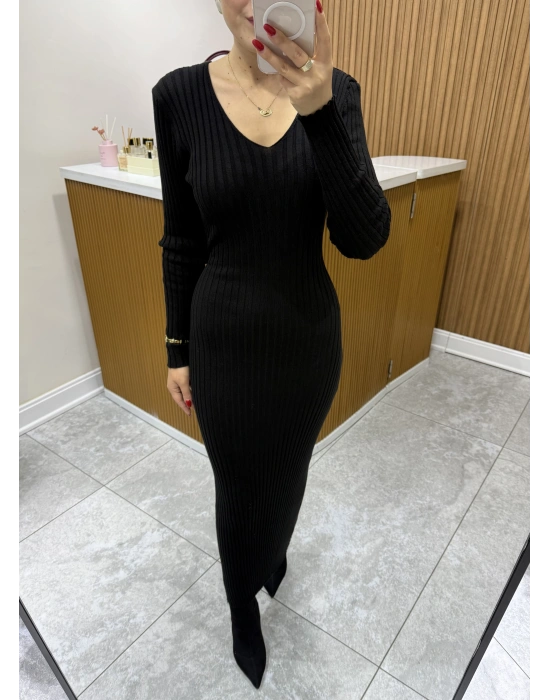 Arkadan Bağlama Detaylı Triko Elbise Siyah