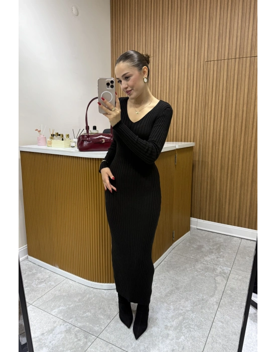 Arkadan Bağlama Detaylı Triko Elbise Siyah
