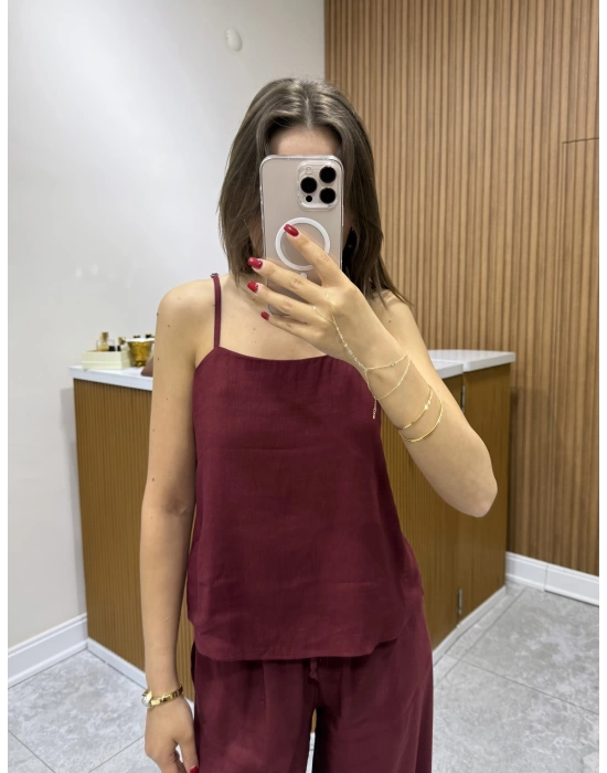 Askılı Bluz Pantolon Bordo Takım